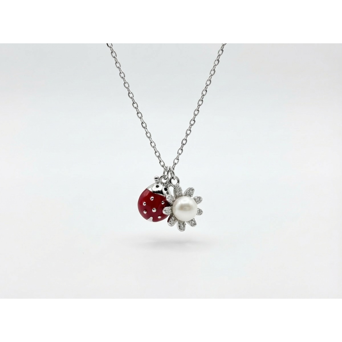 925 Sterling Silver Ladybird and Flower Pendant Necklace | Dublin Silver