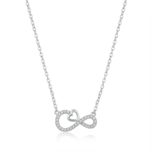 Sterling silver infinity heart pendant on chain, front view
