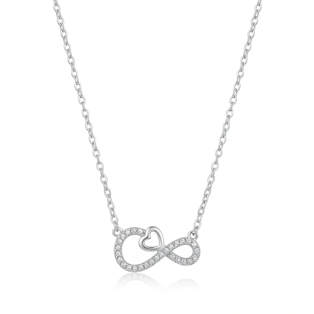 Sterling silver infinity heart pendant on chain, front view