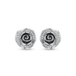 Sterling silver rose stud earrings with intricate design, front view