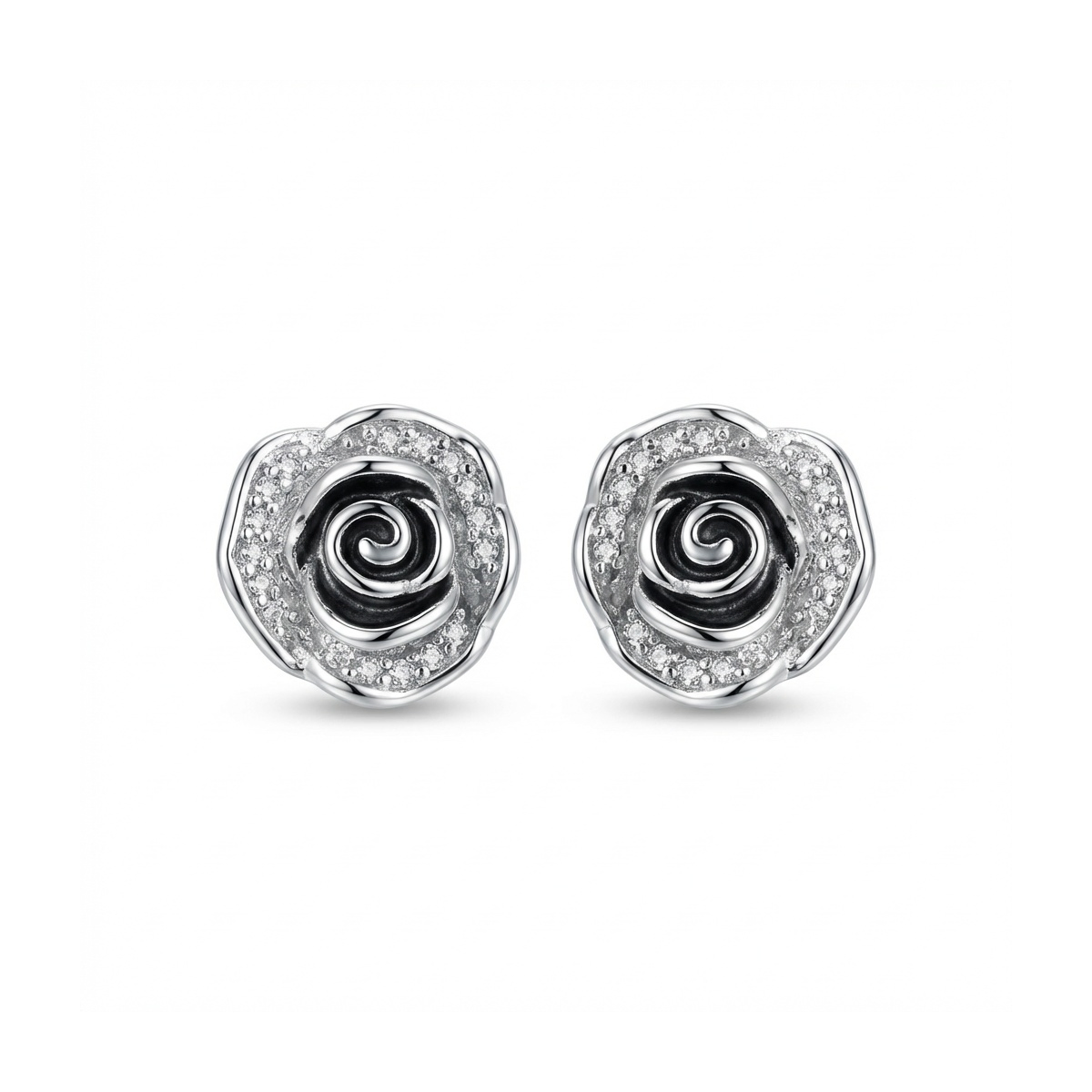 Sterling silver rose stud earrings with intricate design, front view