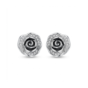 Sterling silver rose stud earrings with intricate design, front view
