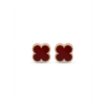 Elegant 925 sterling silver four-leaf clover stud earrings with red accent