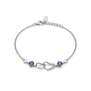 Sterling silver infinity bracelet with amethyst stones, front view