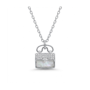 Sterling silver handbag pendant on chain, front view