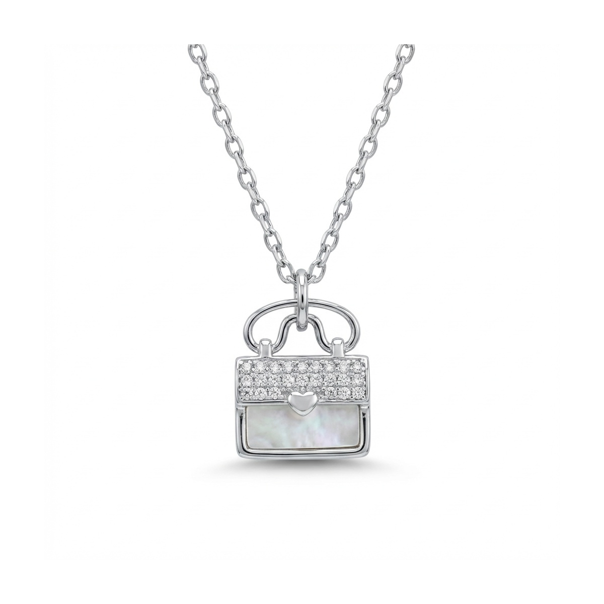 Sterling silver handbag pendant on chain, front view