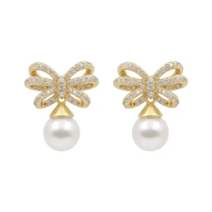 Gold-plated sterling silver bow earrings with pearl drop, front view