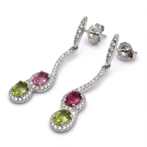 Elegant 925 sterling silver drop earrings with pink and green stones