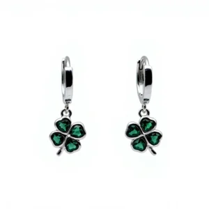 Sterling silver shamrock earrings with green gemstones, front view