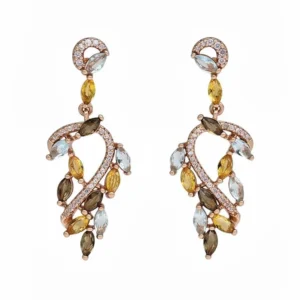 Sterling silver dangle earrings with multicolored gemstones, front view