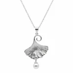 Sterling silver ginkgo leaf pendant necklace with pearl, front view