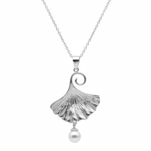 Sterling silver ginkgo leaf pendant necklace with pearl, front view