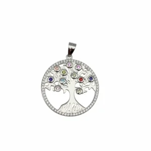 Sterling silver Tree of Life pendant with colorful gem accents, front view