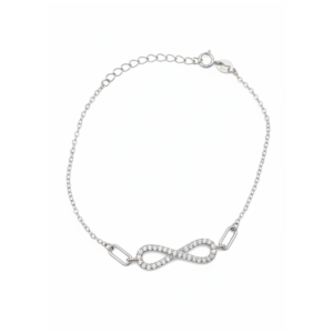 Sterling silver infinity bracelet with cubic zirconia, front view