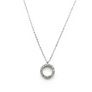 Sterling silver circle pendant necklace with cubic zirconia, front view