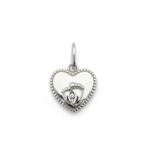 Sterling silver Claddagh heart pendant with beaded edge, front view