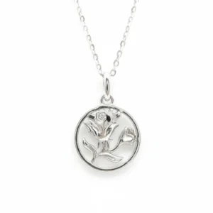 Sterling silver rose pendant on chain, front view