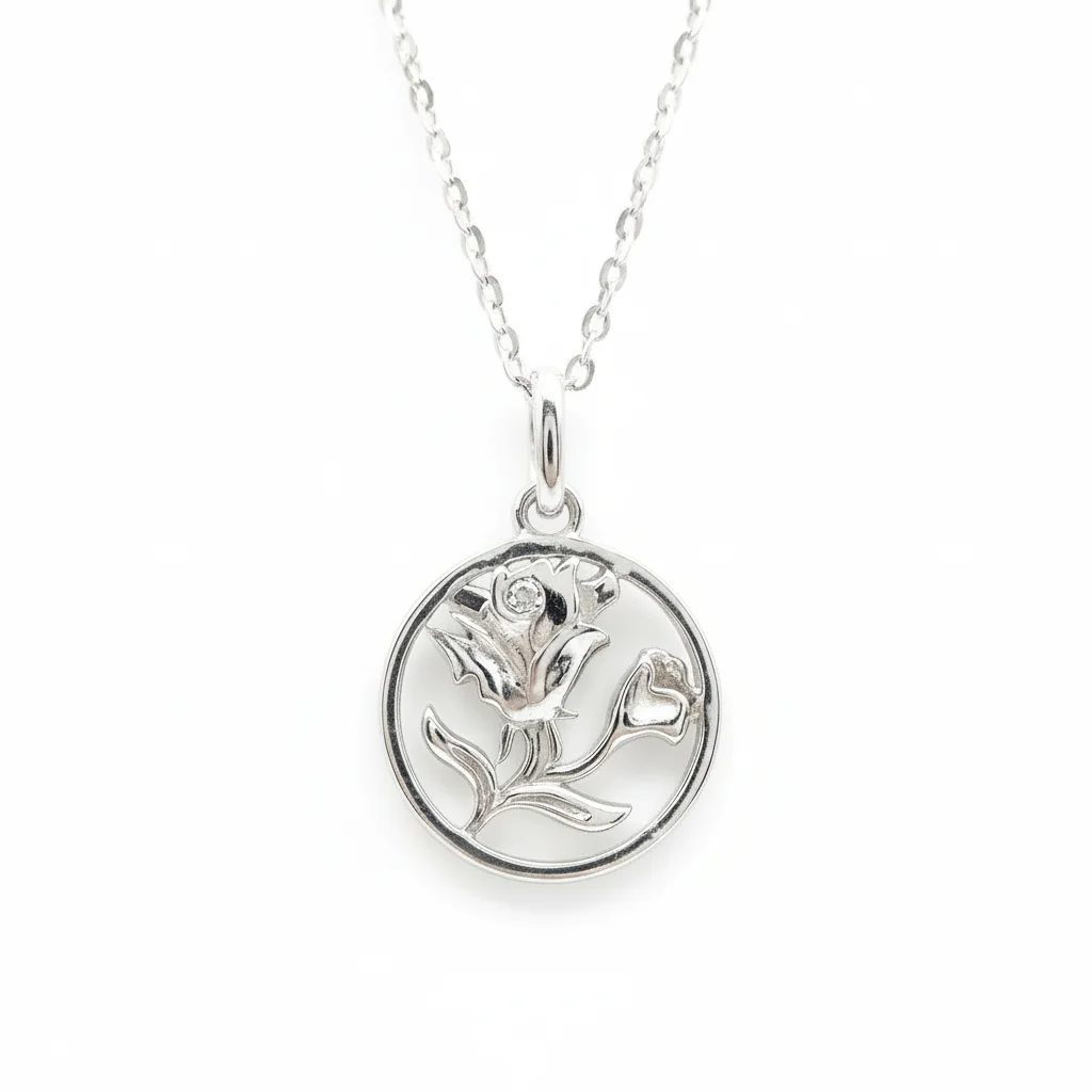 Sterling silver rose pendant on chain, front view