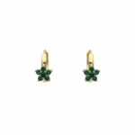 Gold-plated sterling silver floral hoop earrings with green stones, front view