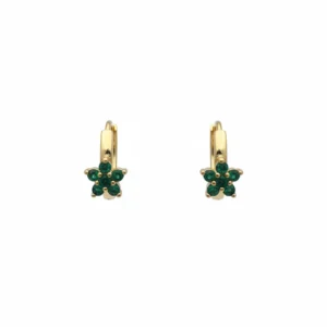 Gold-plated sterling silver floral hoop earrings with green stones, front view
