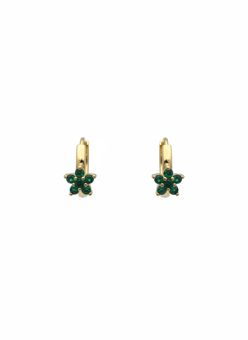 Gold-plated sterling silver floral hoop earrings with green stones, front view