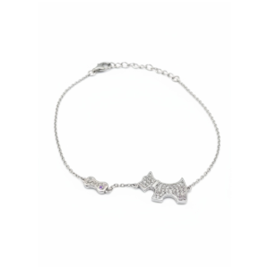 Sterling silver bracelet with dog and bone charms, featuring cubic zirconia, top view