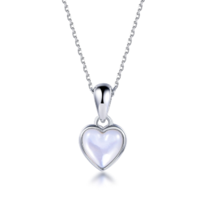 Sterling silver heart-shaped pendant with white shell, front view