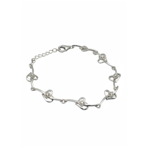 Sterling silver heart link bracelet with lobster clasp, top view