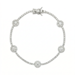 Sterling silver crystal tennis bracelet with circular accents, top view