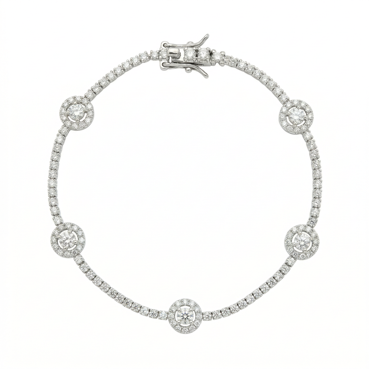 Sterling silver crystal tennis bracelet with circular accents, top view