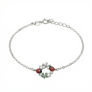 Sterling silver bracelet with ladybird charms and lobster clasp, side view