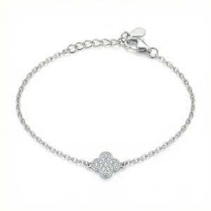 Sterling silver clover bracelet with adjustable chain, top view