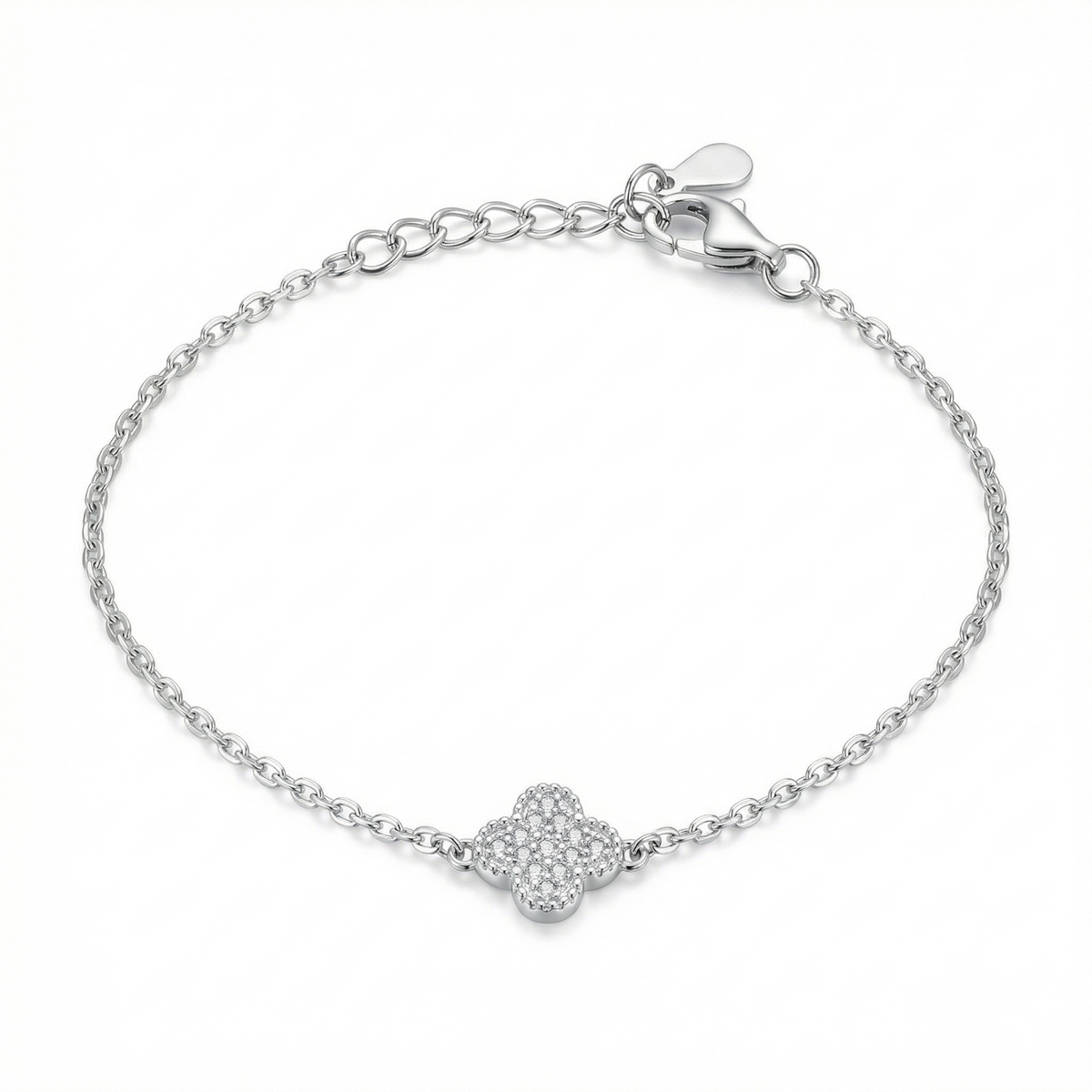 Sterling silver clover bracelet with adjustable chain, top view