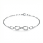 Sterling silver infinity bracelet with cubic zirconia, front view