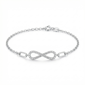 Sterling silver infinity bracelet with cubic zirconia, front view