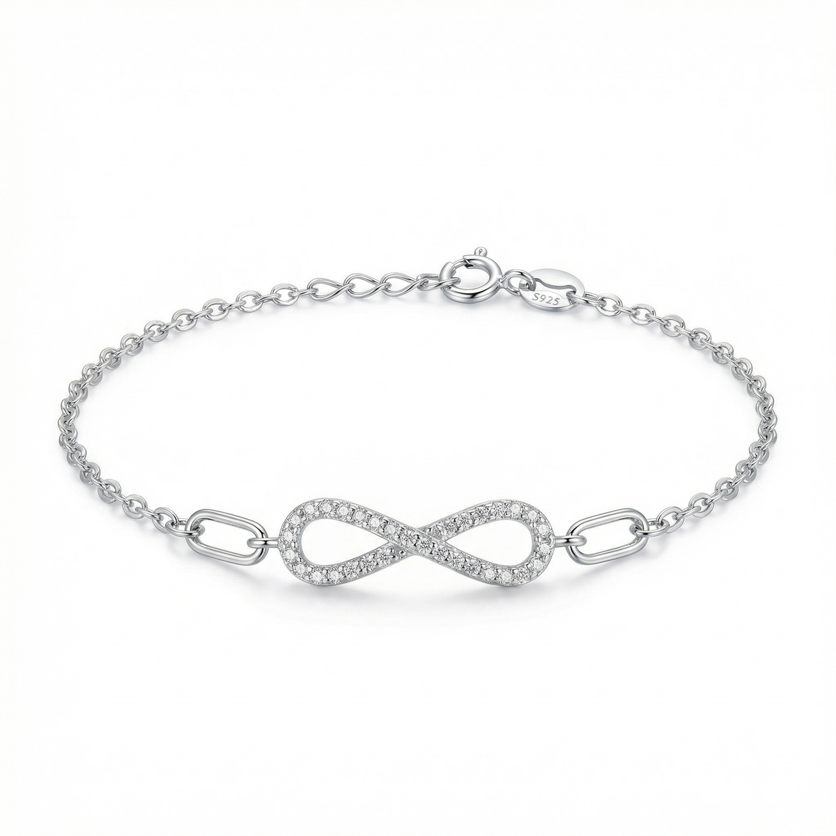 Sterling silver infinity bracelet with cubic zirconia, front view