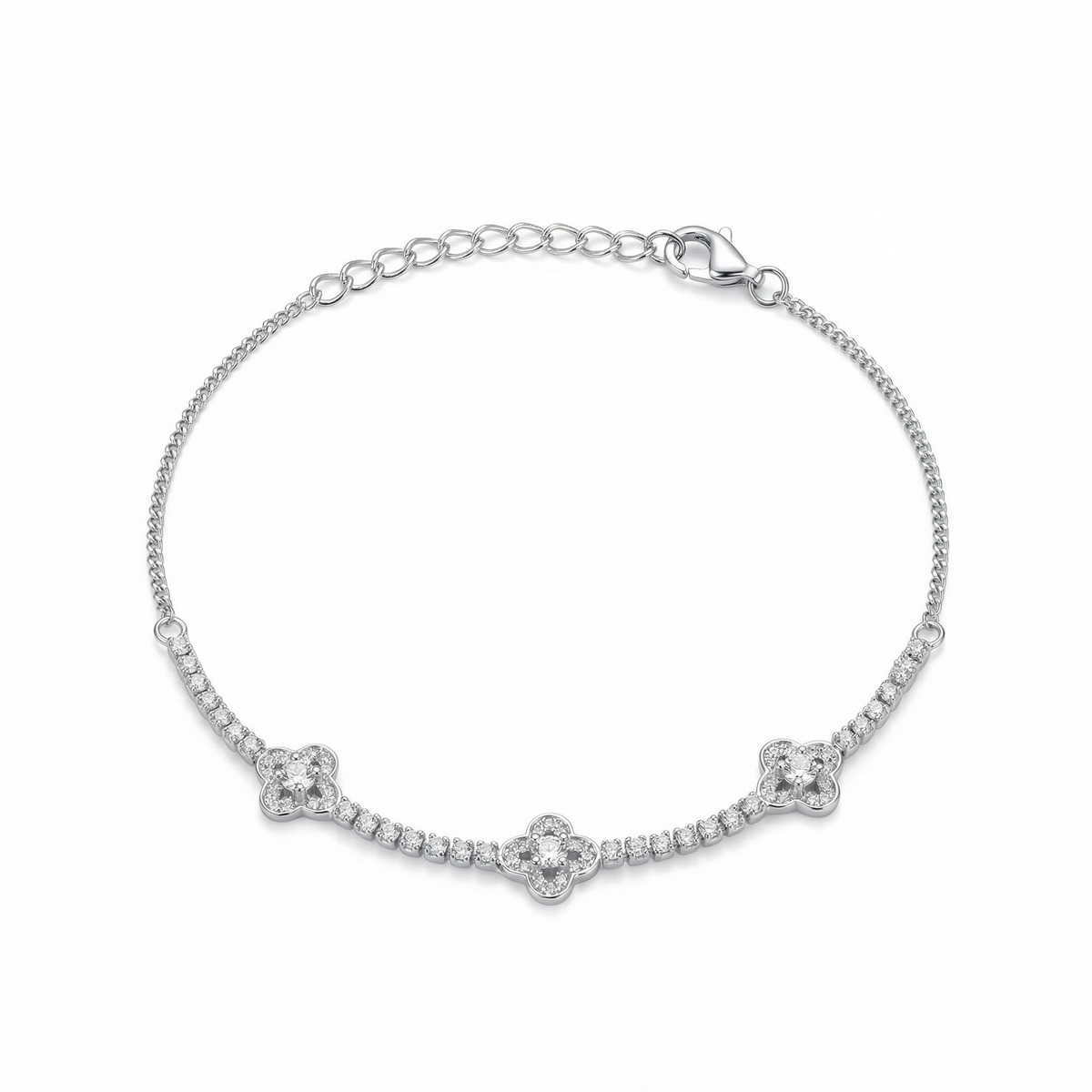 Sterling silver clover anklet with adjustable chain, top view