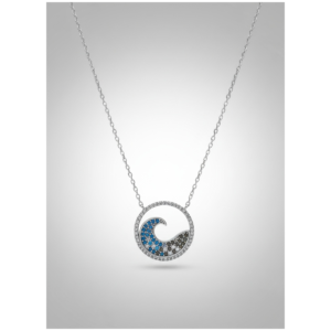 Sterling silver wave pendant with blue accents on chain, front view