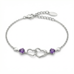Sterling silver infinity bracelet with amethyst stones, front view