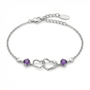 Sterling silver infinity bracelet with amethyst stones, front view