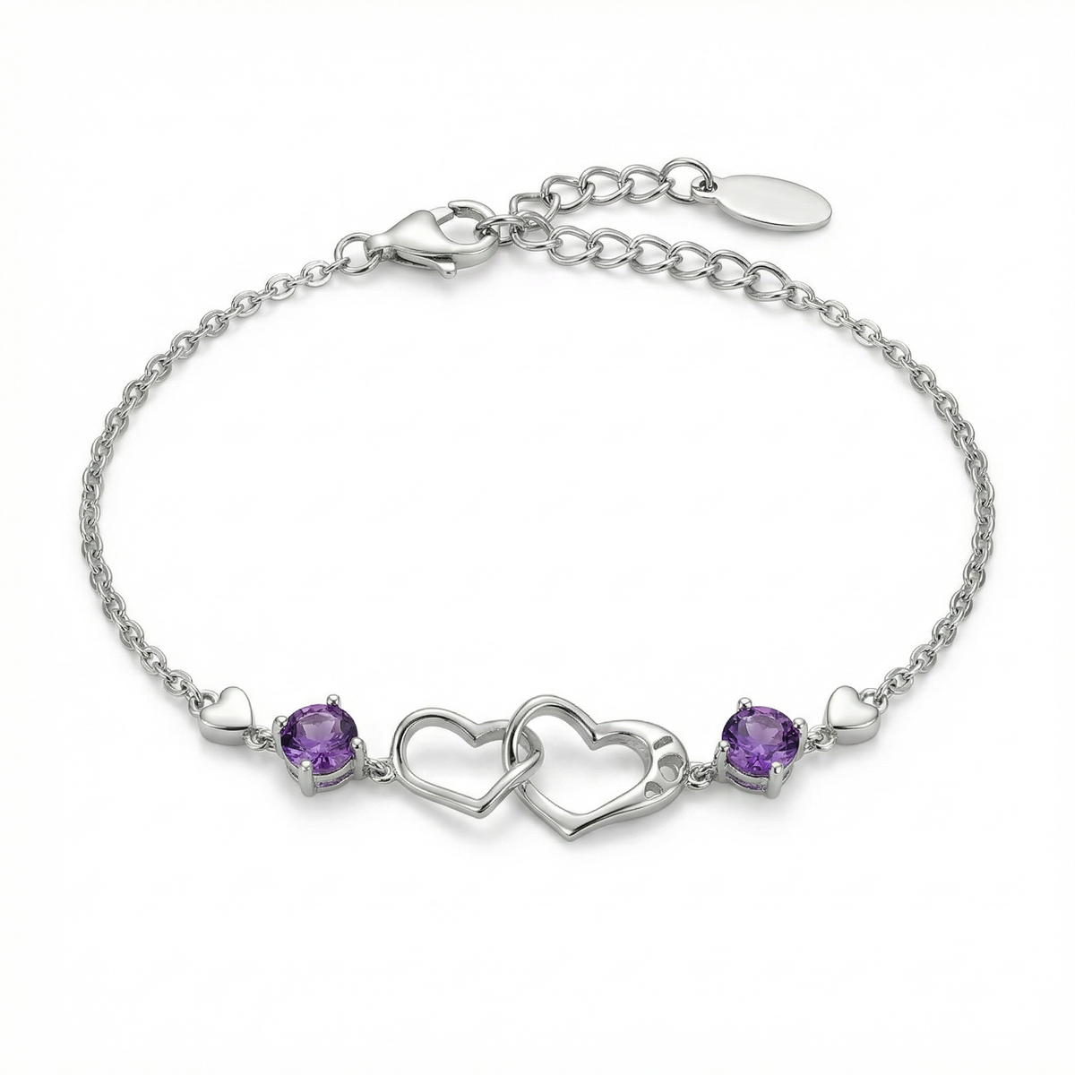 Sterling silver infinity bracelet with amethyst stones, front view