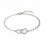 Sterling silver bracelet with interlocking heart design, front view