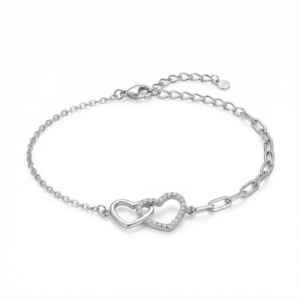 Sterling silver bracelet with interlocking heart design, front view
