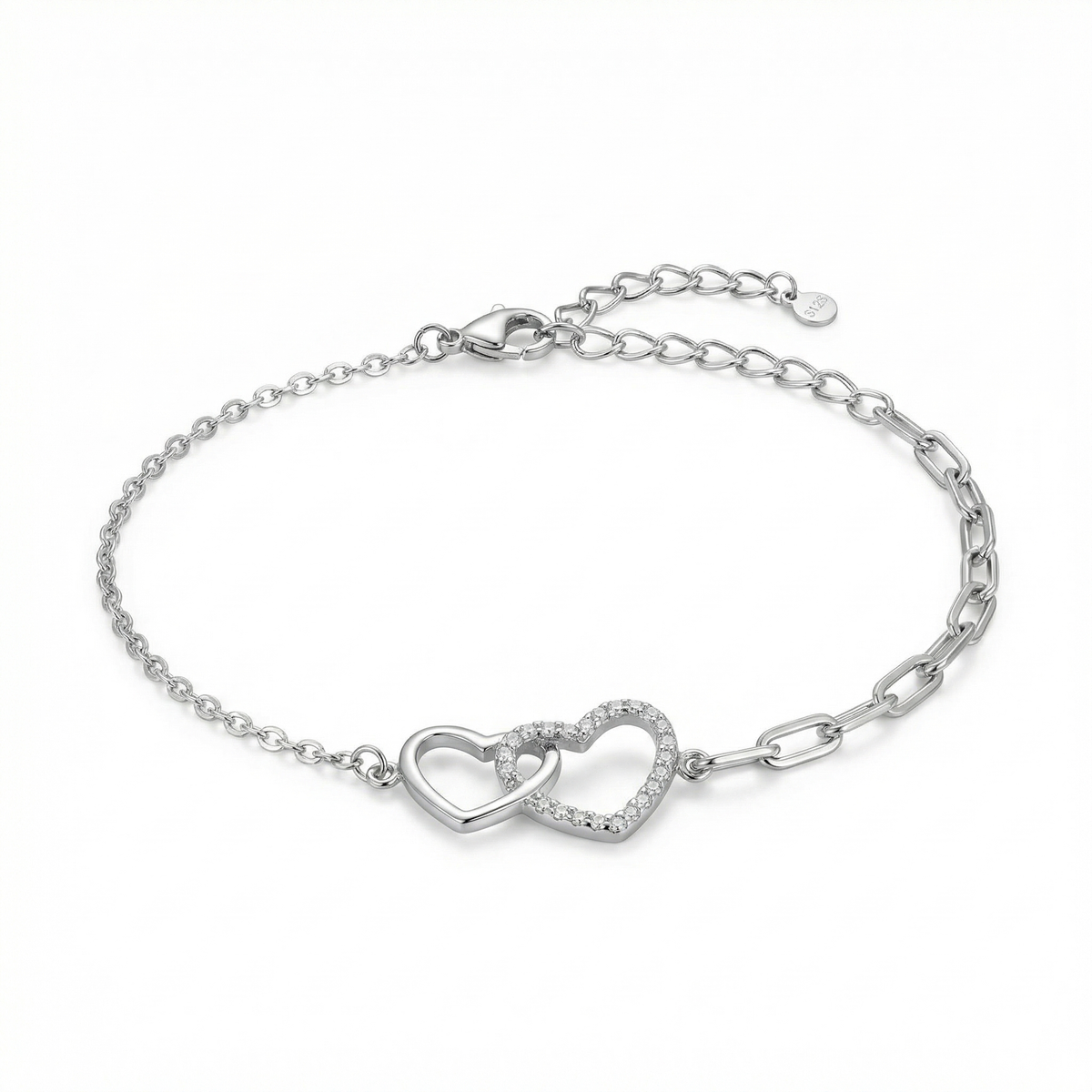 Sterling silver bracelet with interlocking heart design, front view