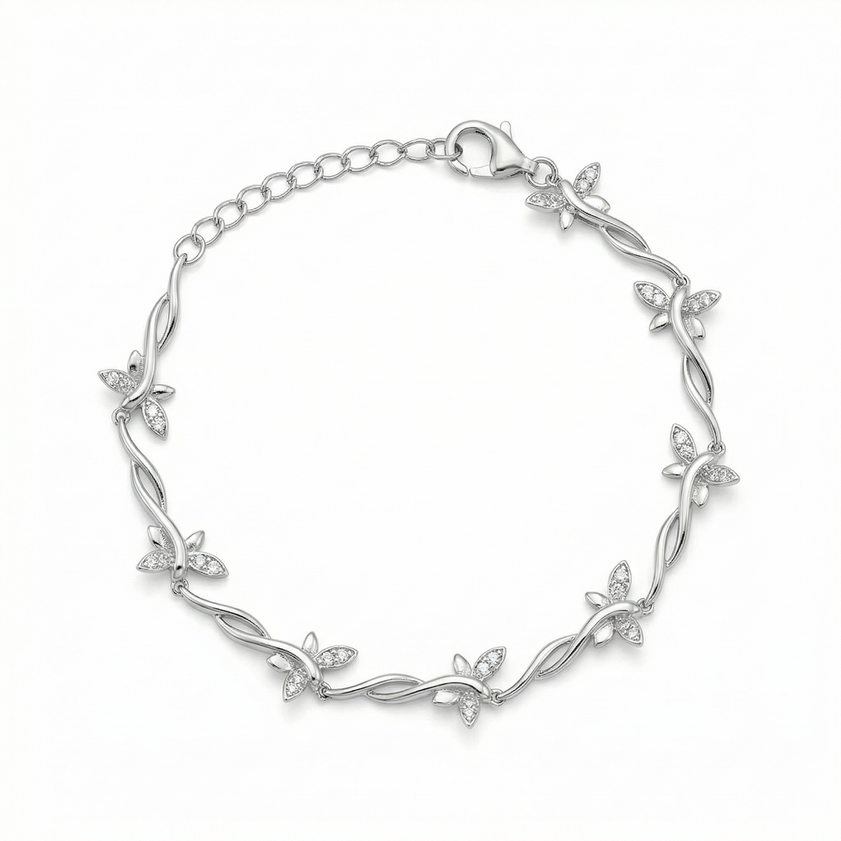Sterling silver leaf design bracelet with lobster clasp, top view