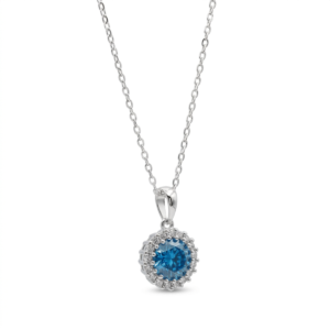 Sterling silver necklace with blue crystal pendant, front view