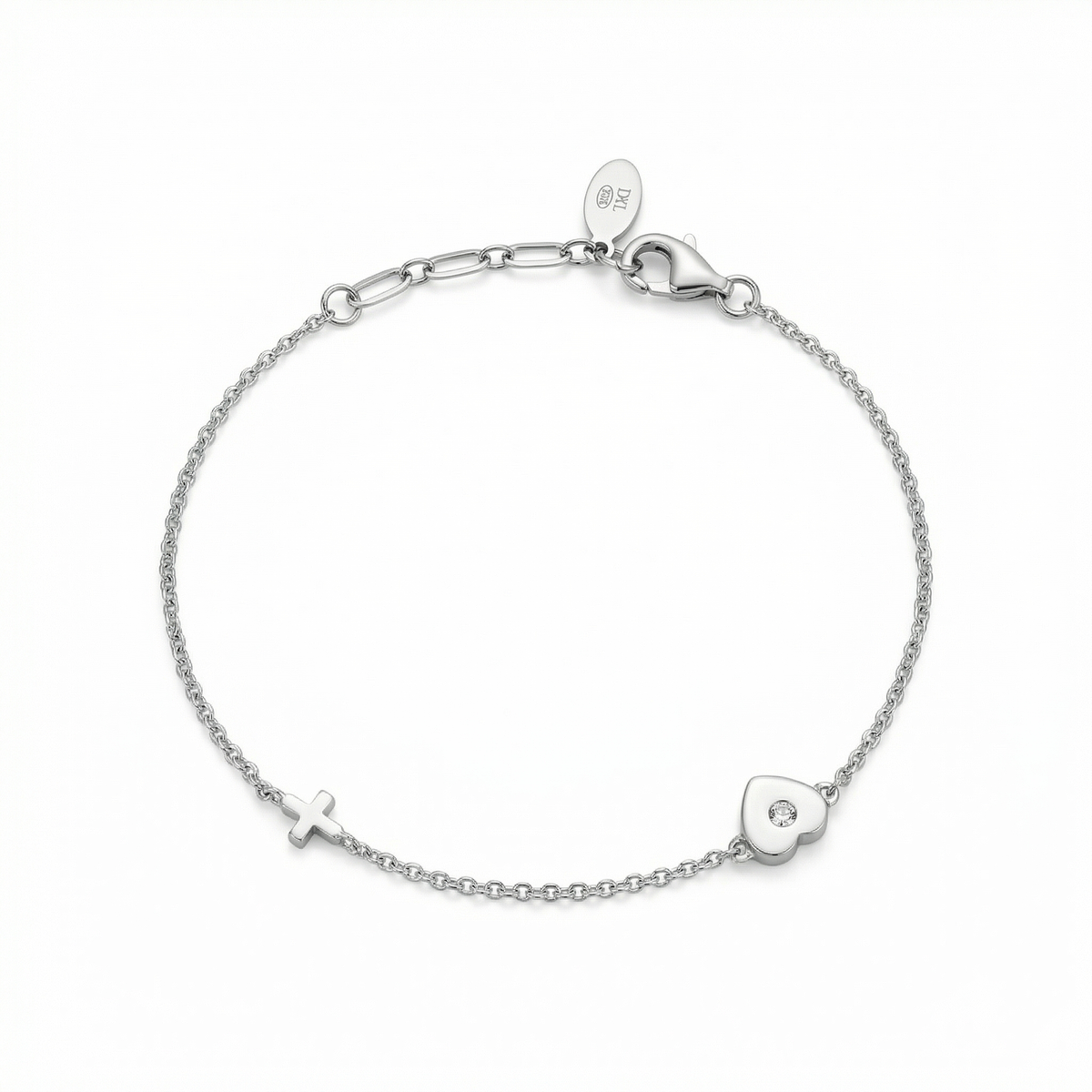 Sterling silver bracelet with heart and cross design, lobster clasp closure