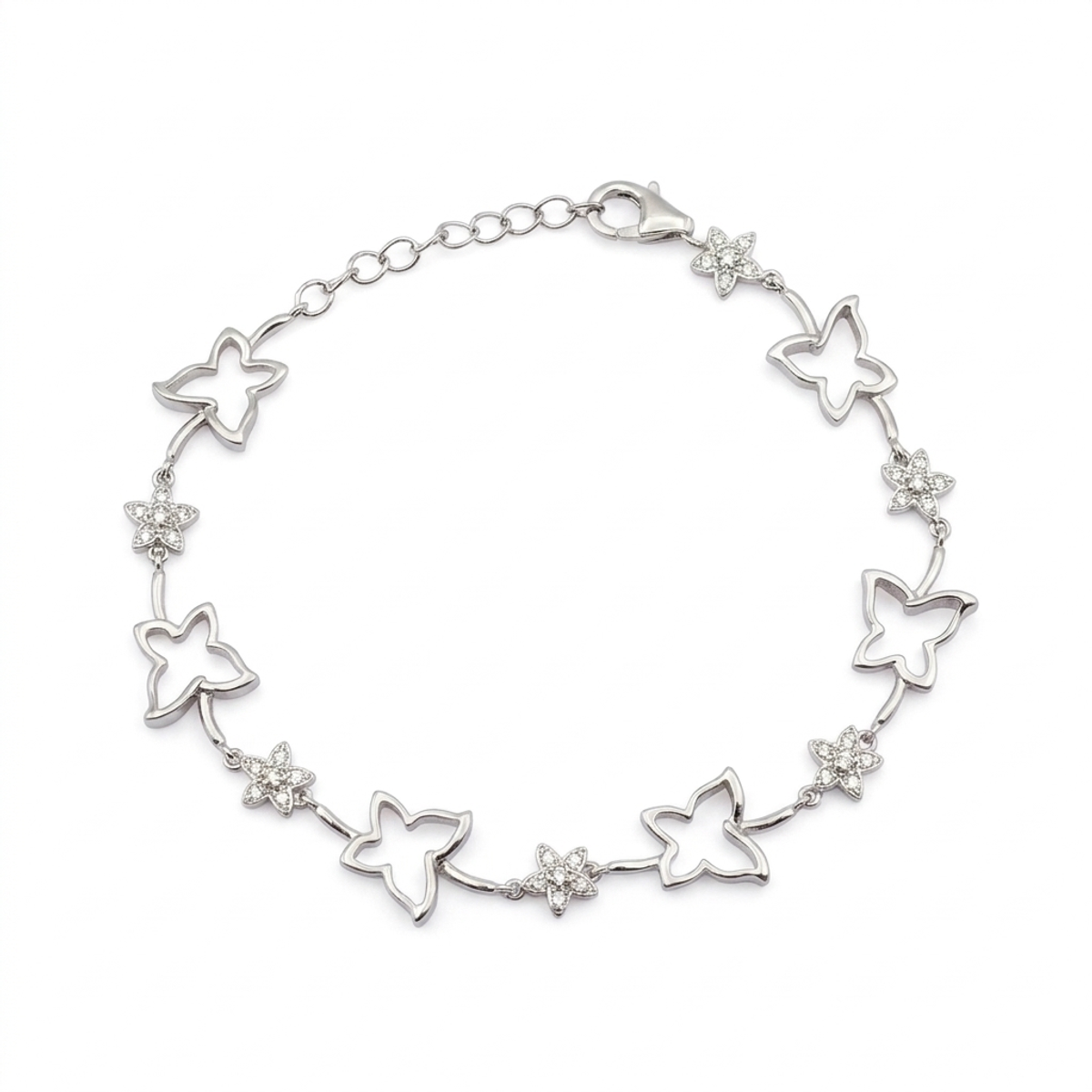 Sterling silver butterfly bracelet with lobster clasp, top view