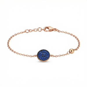 Rose gold-plated sterling silver bracelet with blue enamel charm, front view