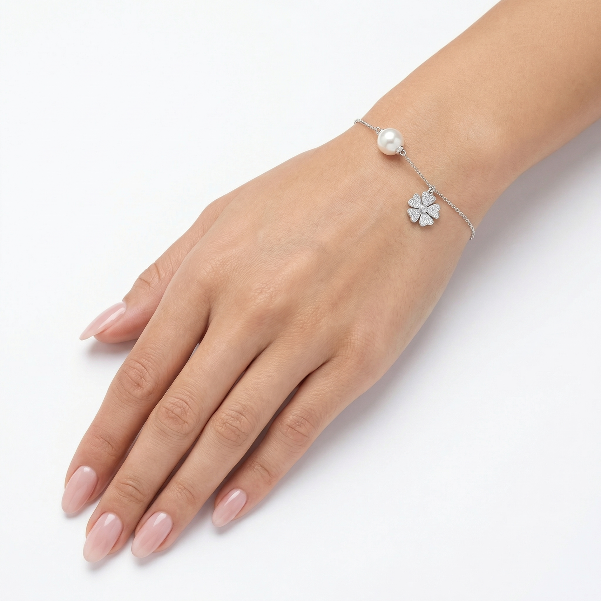 Dublin Silver 925 Sterling Silver Clover and Pearl Bracelet Lobster Clasp